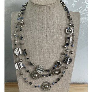Multi-Strand Silver Necklace With Blue & Gray Beads Adjustable Length